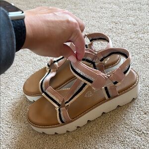 BC Footwear Pink and Black Sandals with Geometric Straps